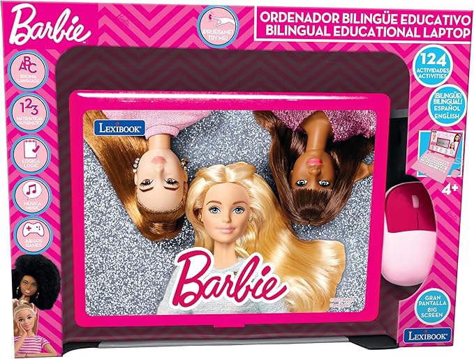 Lexibook Barbie, Educational and Bilingual Laptop in English/Spanish, Toy for Children with 124 Activities to Learn, Play Games and Music, Pink, JC598BBi2