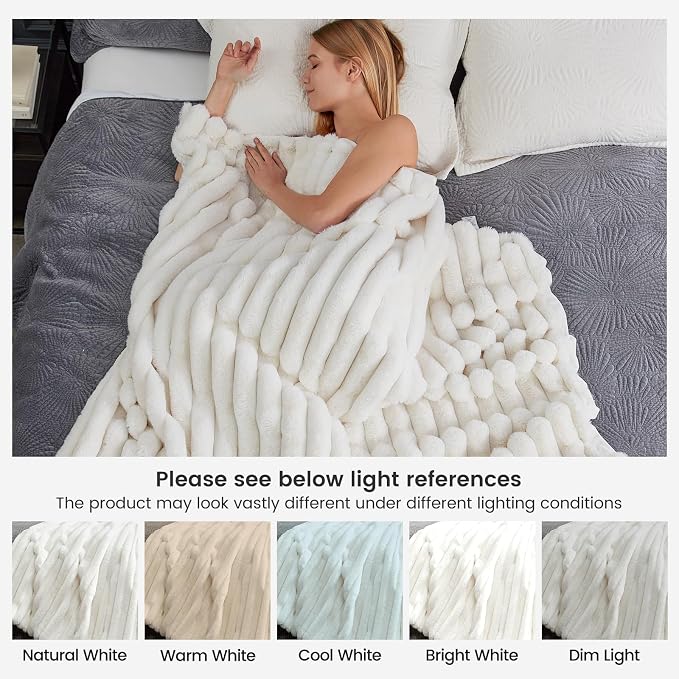 Cozy Bliss Faux Fur Throw Blanket for Couch, Cozy Warm Plush Striped Blanket for Sofa Bedroom Living Room, 50 * 60 Inches Cream White