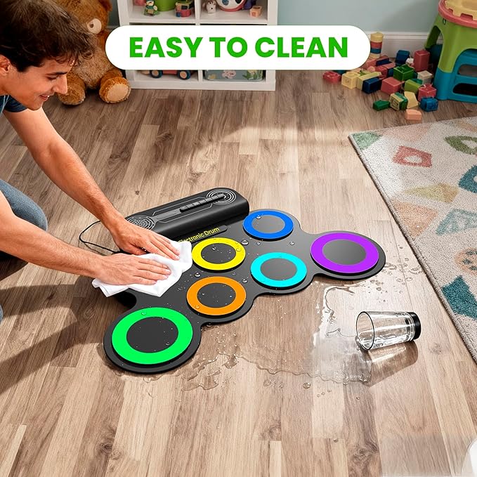 Electric Drum Set Built-in Speaker, Kids Drum Pad and Sticks, Portable Roll Up Drums Practice Pad for Kids, Great Birthday for Girls Boys