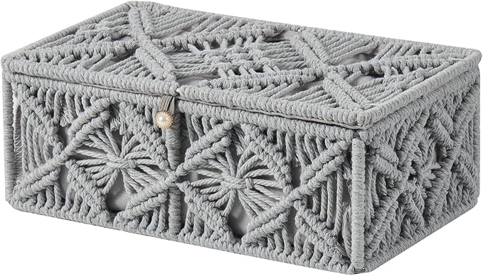 Decorative Boho Storage Baskets with Lid Natural Macrame Boxes | Handmade Cotton Rope Woven Bins, Shelf Desk Organizer Container for Jewelry Memory Keepsake Photo Makeup, Gray, Small