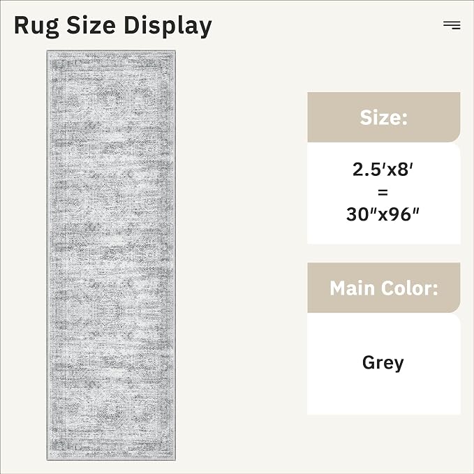 Soalmost Washable Runner Rug 2'6"x8' Kitchen Hallway Runners Grey | Soft Non-Slip 2.5x8ft Carpet for Entryway Bathroom, Low Pile Vintage Foldable Floor Mat for Corridor Laundry Room Bedroom