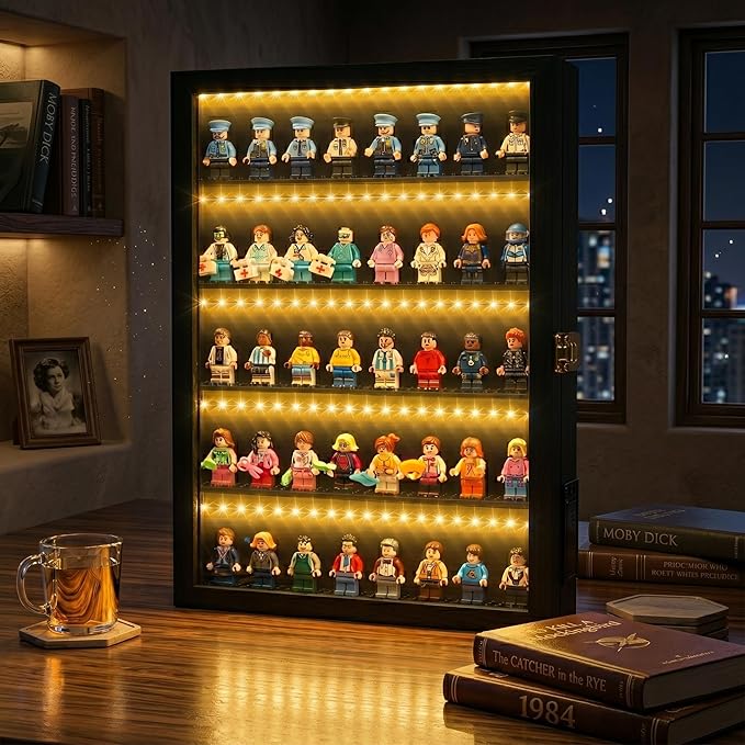 Minifigure Display Case – Black 16″ × 11″ × 2″ Showcase Cabinet with LED‑Lit Shelves, Mini Figurines Display Case with Built‑in Feet, Battery‑Powered, Cord‑Free Collection Display