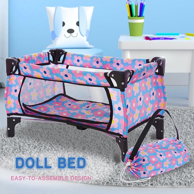 Baby Doll Stroller Bed and Seat Nursery Playset, Baby Doll Accessories Furniture Set High Chair Diaper Bag Role Play Deluxe Baby Doll Blue Set