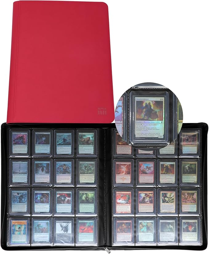 16 Pocket Top loader Binder, Holds 640 Top Loaders, Top loader Binder with Sleeves for 3'' x 4'' Top loaders - Red
