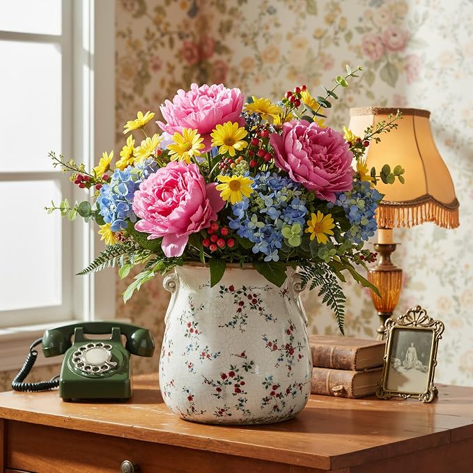 Ceramic Scroll Planter 6.5 Inch Chinoiserie Floral Vase with Drainage Holes Vintage Flower Vase Flower Pot Rustic Ceramic Pots for Indoor Plants Garden Home Bookshelf Decor(Milky)