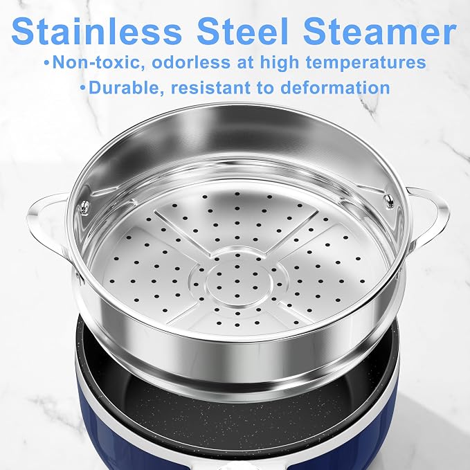 Dezin Electric Pot with Steamer, 1.5L Non-Stick Portable Hot Pot Electric | Dual Power, Upgraded 700W Electric Pot for Cooking Steak, Egg, Ramen Cooker for Dorm, Travel, Office, Easy to Clean, Navy Pan