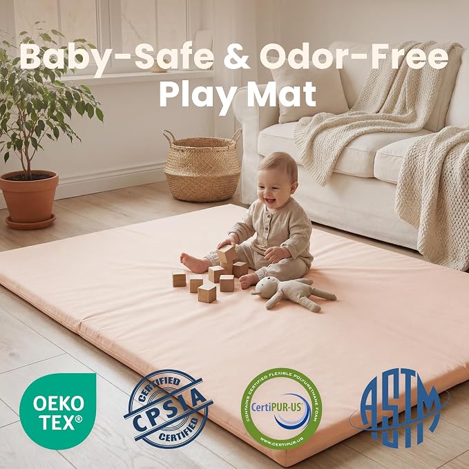 Huloo Sleep Baby Play Mat 65x50 Inches, 1.3" Thick Padded Waterproof Floor Cushion & Playpen Mat with Vegan Leather, Non-Slip & Non-Toxic Nursery Rug for Infants, Toddlers & Kids(Pink)