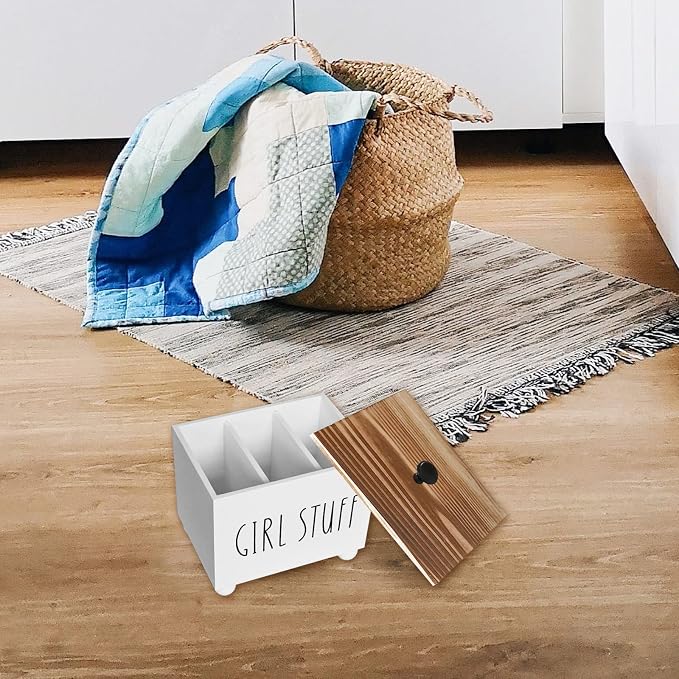 Tampon Holder for Bathroom, Farmhouse Pad Storage Container, Rustic Wood Bathroom Storage Bin with Lid, Period Organizer for Women, Feminine Products Caddy, Bathroom Accessories Decor Box