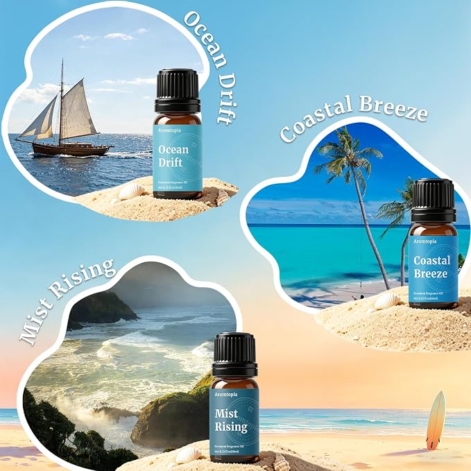 Beach Essential Oils, Aromtopia Diffuser Fragrance Oils Set, 6x10ml, Essential Oils for Diffusers for Home, Candle Soap Making Scents, Pink Beach, Ocean Drift, Coastal Breeze and More