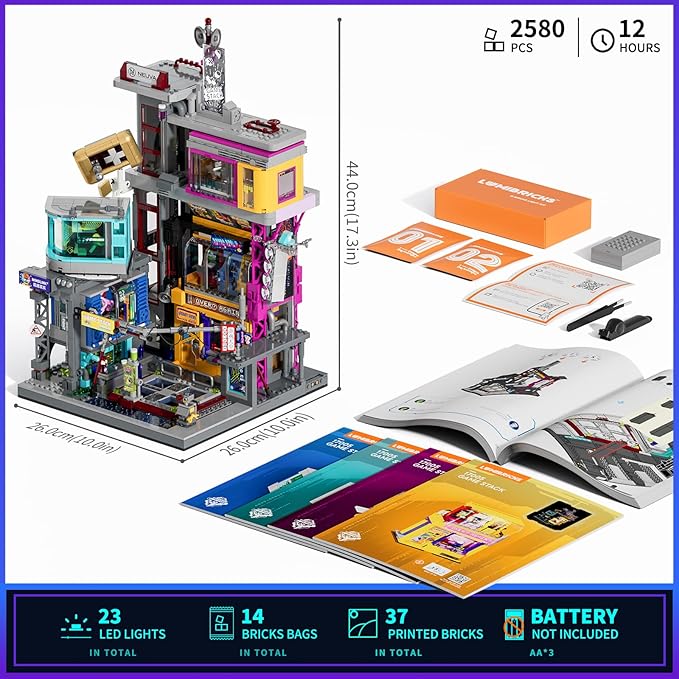 Cyberpunk Game Stack Lighting-Building-Bricks Set - Cyberpunk Neon City Future Gaming Room Street View Collection LED Light Model Set 2580 Pcs for Adults and Sci-fi Lovers