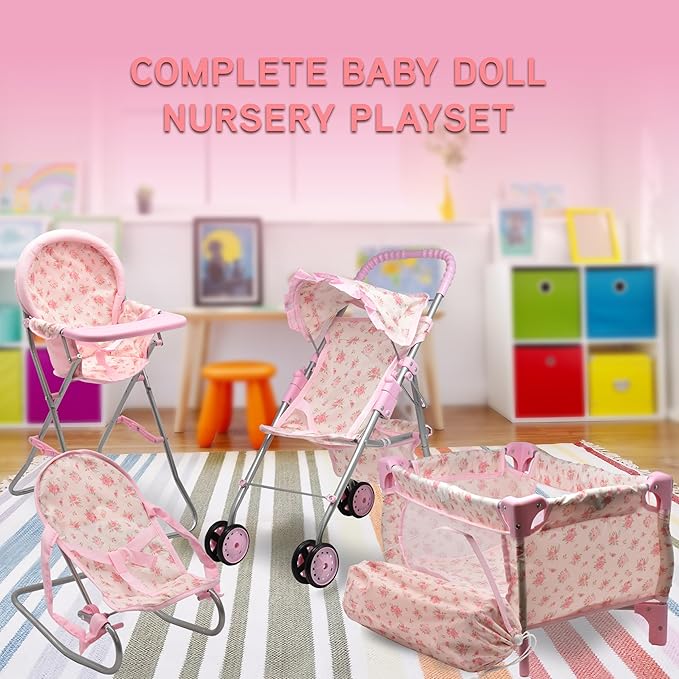 Baby Doll Stroller Bed and Seat Nursery Playset, Baby Doll Accessories Furniture Set High Chair Diaper Bag Role Play Deluxe Baby Doll Floral Set