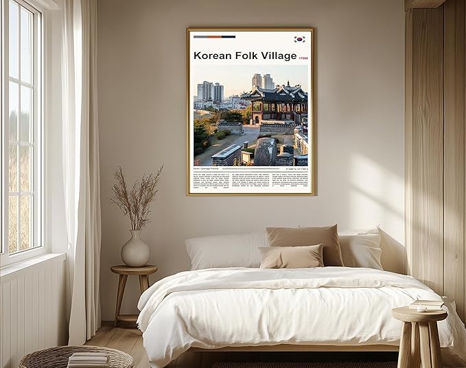 Poster Korean Folk Village Wall Art Original Design(17"x11" Metal Frame) Joseon Dynasty Architecture Print South Korea Travel Landmark Gyeonggi Cultural Heritage Ancient Palace Zen Scenery Picture