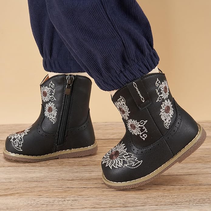 Newsonet Baby Cowboy Cowgirl Boots Infant Western Boots Toddler Boys Girls Round Toe Riding Mid Calf Boots All Seasons for 6 9 12 18 24 Months