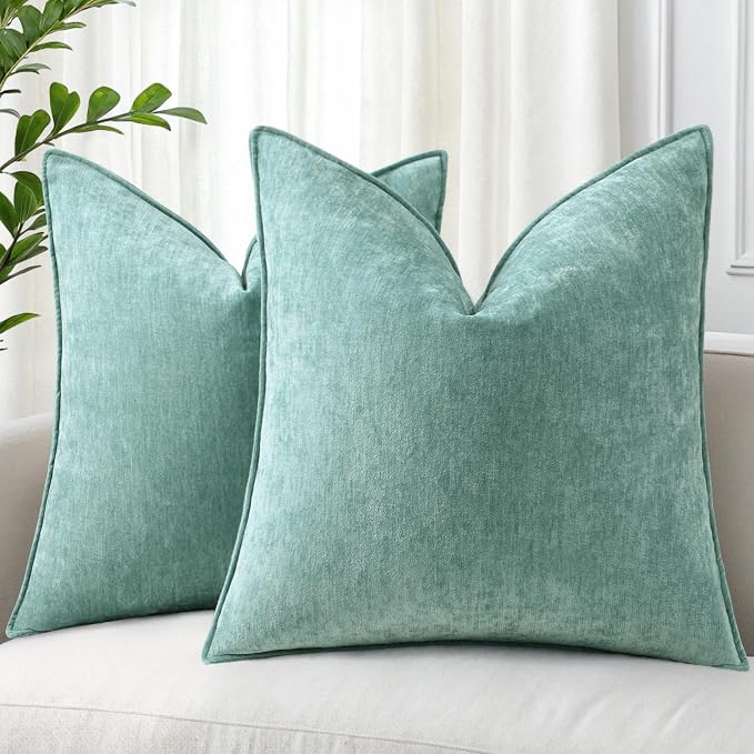 decorUhome Chenille Aqua Haze Velvet Throw Pillow Covers 24x24 Set of 2 | Fall Soft Euro Sham Couch Decorative Modern Farmhouse Pillow Cases with Elegant Design for Sofa Bed Living Room Home Decor