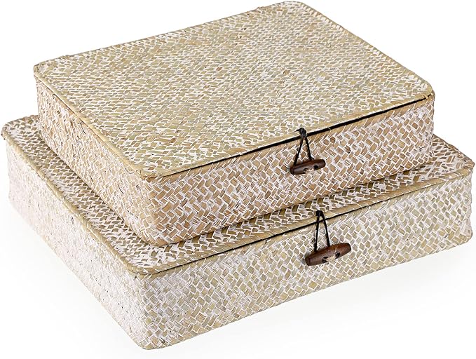 Hipiwe Set of 2 Flat Woven Wicker Basket Bins with Lid Natural Seagrass Box | Decorative Storage Basket Multipurpose Home Organizer Bins Boxes for Shelf Organizer (Whitewash)