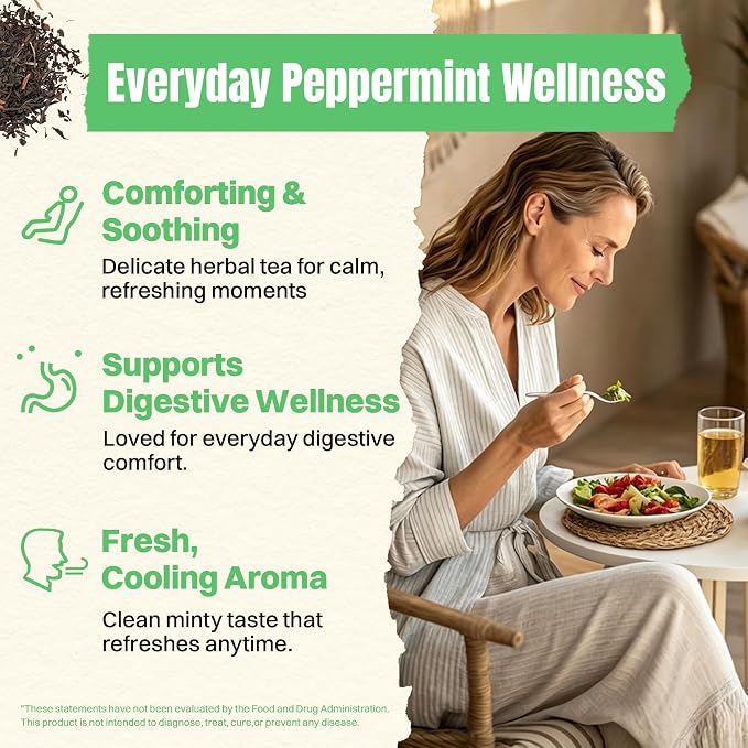 Hiihone Peppermint Tea Bags 30 Count – Pure Peppermint Mint Tea, Caffeine-Free Herbal Tea, Cooling & Refreshing, Non-GMO, Soothing, Supports Digestion & Fresh Breath, Hot or Iced