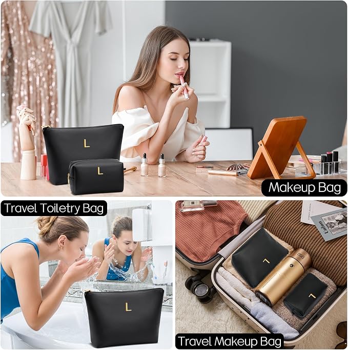 Women Gifts | Initial Makeup Bag for Girl Personalized Gifts for Bridesmaid Friend PU Leather Cosmetic Travel Toiletry Bag(Black,L)