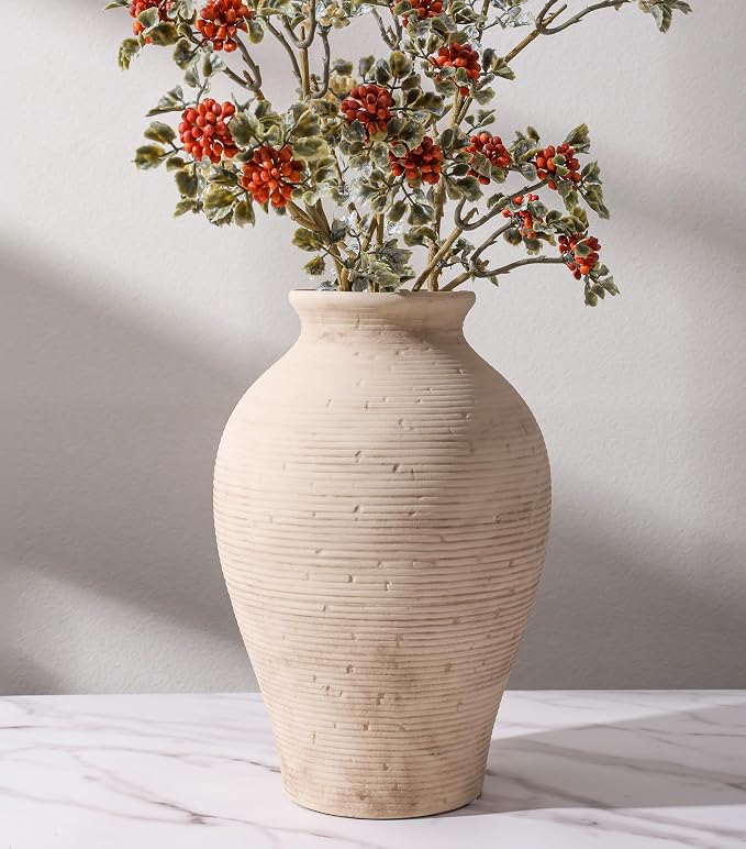 Ceramic Flower Vase Home Decor, 9 in Farmhouse Table Vase Retro Vintage Living Room Kitchen Bedroom Decoration Pottery Decorative Vases for Flowers Shelf Office Coffee Desk Dining Entryway, Rustic