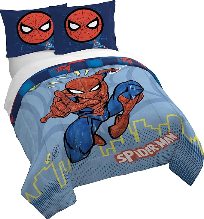 Jay Franco Kids Duvet Cover Set – 3 Piece Super Soft Bedding with Sham Pillowcase, Cover ONLY Comforter Not Included, Blue - Spiderman, Full