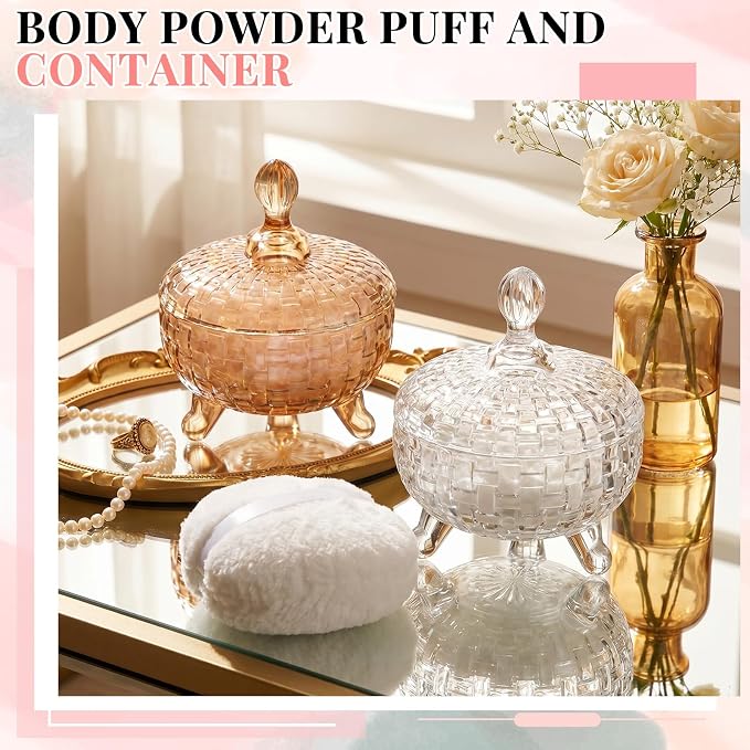 Tioncy 2 Set Extra Large Body Powder Puff and Container, 6'' Washable Vintage Decorative Crystal Powder & Container Gift for Bathroom Counter & Feminine Vanity Decor(Weave Design,Amber and Clear)