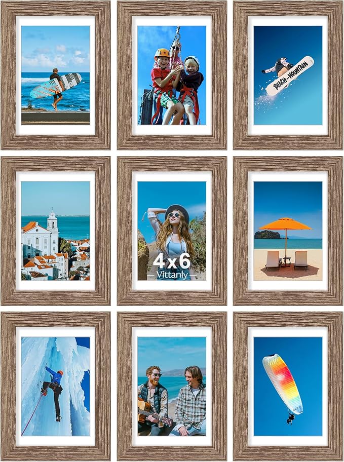Vittanly 4x6 Picture Frames Set of 9 for Wall Mount or Tabletop, Dark Oak | Display Pictures 3.5x5 with Mat or 4x6 without Mat, Small Photo Frames, Engineered Wood with Shatter Resistant Plexiglass