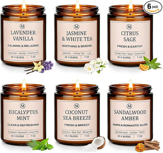 6-Pack Scented Soy Candle Set – Lavender Vanilla, Eucalyptus, Sandalwood, Jasmine & White Tea, Coconut, Sage | Natural Long Lasting Aromatherapy Candles for Home, Relaxation & Birthday Gifts