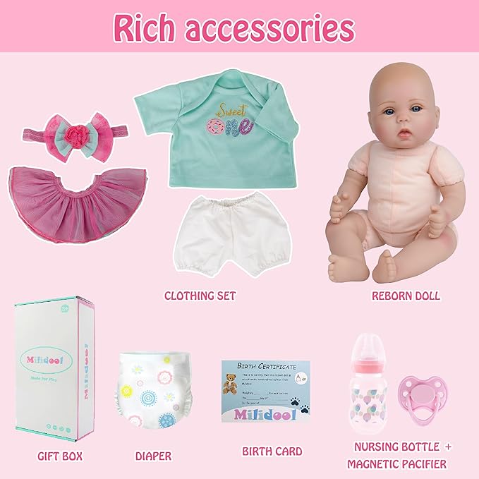 Milidool Lifelike Reborn Baby Dolls - 18 Inch Real Life Realistic Newborn Baby Dolls Girl with Soft Weighted Body Gift Set for Kids Age 3+