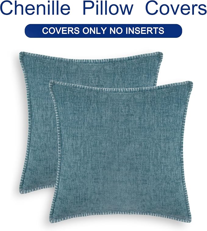 CaliTime Decorative Couch Throw Pillow Covers 20 X 20 Inches Smoke Blue | Pack of 2, Cozy Chenille Cushion Cases, Cotton Thread Stitching Edges, for Sofa Bed Living Room Farmhouse