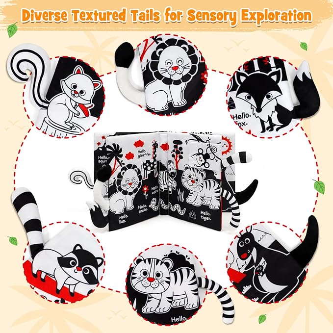 OKOOKO Soft Baby Book Black and White High Contrast Animals Tails Book Bath Toy Montessori Sensory Stroller Toy Non-Toxic Crinkle Washable Early Education for Baby Infant Toddler