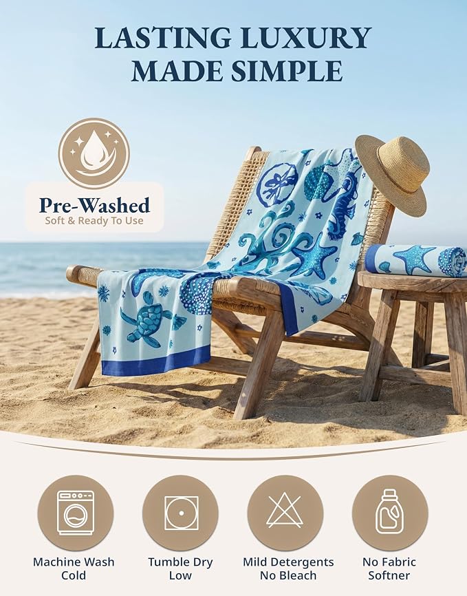 LANE LINEN 2-Pack Oversized Beach Towels, 39"x71" – Quick-Dry, Sandproof & Absorbent – Lightweight Travel Essentials for Pool or Shore – Starfish Serenade