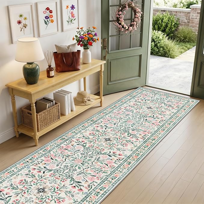 Runner Rug for Entryway: 2.6x14 Kitchen Rugs Non Slip Washable Ultra-Thin Soft Floral Carpet Indoor Floor Stain Resistant Carpets for Hallway Bedroom Kitchen Laundry Bathroom Dorm Green/Beige