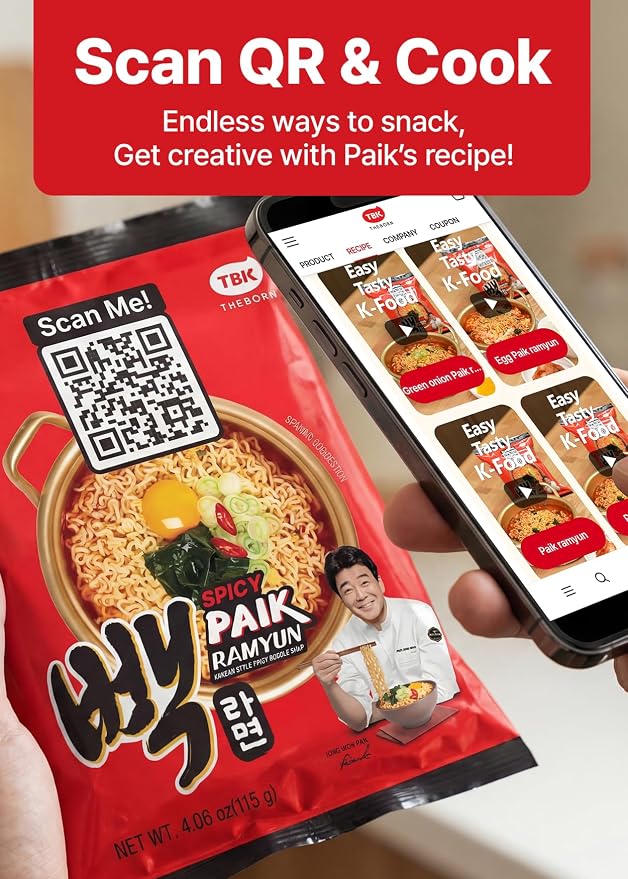 TBK THEBORN Paik Ramyun, Korean Spicy Ramen Noodle Soup 115g x 4 Packs | Spicy Korean noodle soup with a rich savory broth for quick meals at home, work, school or while traveling