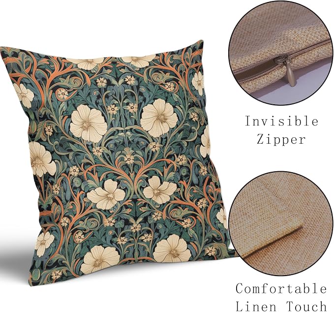 Vintage Floral Pillow Covers 18x18 Inch Orange Whtie Green Toile Flowers Pillow Cases Chinoiserie Aesthetic Tapestry Linen Cushion Case Farmhouse Home Decor for Sofa Couch Porch Outdoor Set 2