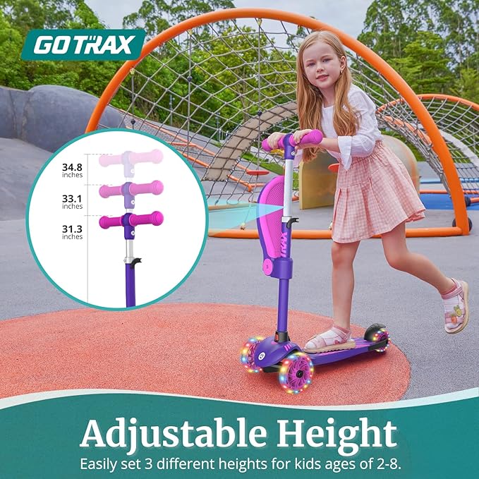 Gotrax KS3 Kids Kick Scooter, LED Lighted Wheels, Adjustable Height Handlebars and Removable Seat, Lean-to-Steer & Widen Anti-Slip Deck, 3 Wheel Scooter for Kids Ages 2-8 and up to 110 Lbs