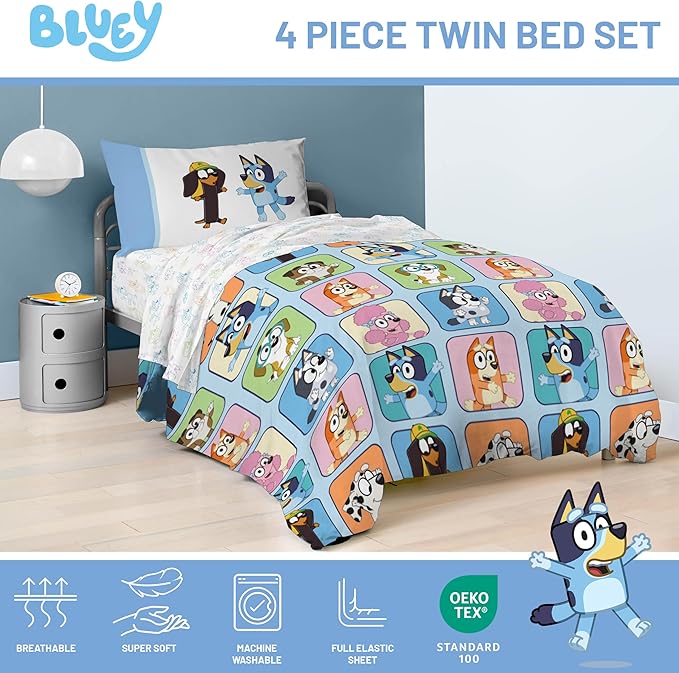 Jay Franco Bluey Twin Size Comforter Set - 4 Piece Bedding Includes Sheet Set, Pillow Covers & Bonus Duffle Bag - Super Soft Kids Bedding with Bingo, Muffin, Coco & Snickers