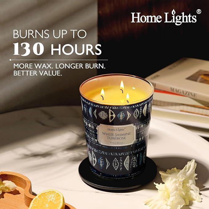HomeLights Scented Candles for Women & Men, 34oz Candle Jars Aromatherapy 3-Wick Candle, Ideal for Bohemian Natural Textures Home Decor and Gifts, White Jasmine Tuberose