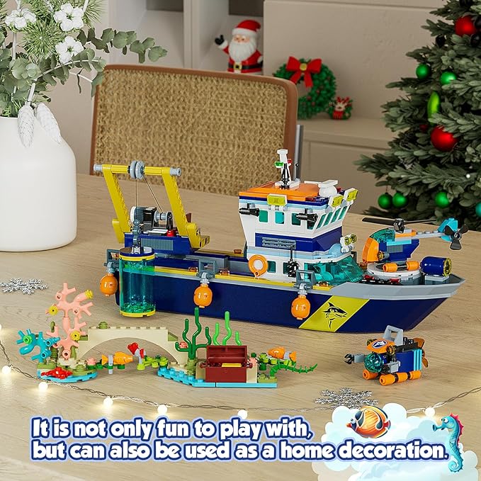 City Floatable Boat Building Set with LED Light, Fun Toy Gift for Kids Boys Girls 6 7 8 9 10+, Compatible with Lego Ocean Arctic Explorer Ship Building Block Kit, Christmas Decoration Party Favor