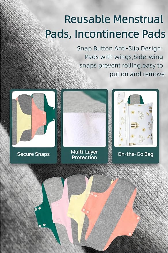 Washable Menstrual Pads,Graphene Cotton Cloth Reusable Incontinence Pads,Sanitary Napkins,with 1 Storage Bag,Panty Liners Pads,Period for Woman Postpartum/Incontinence(Colorful/L/8pcs)