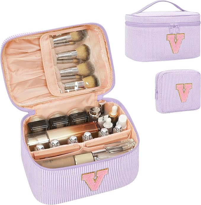 MONSTINA Personalized Initial Makeup Bag Set for Girls&Women,Personalized Make Up Case for Girlfriend Graduation Teacher Gifts,Cute Toiletry Bag Preppy Chenille Letter Patch,2PCS,Purple V