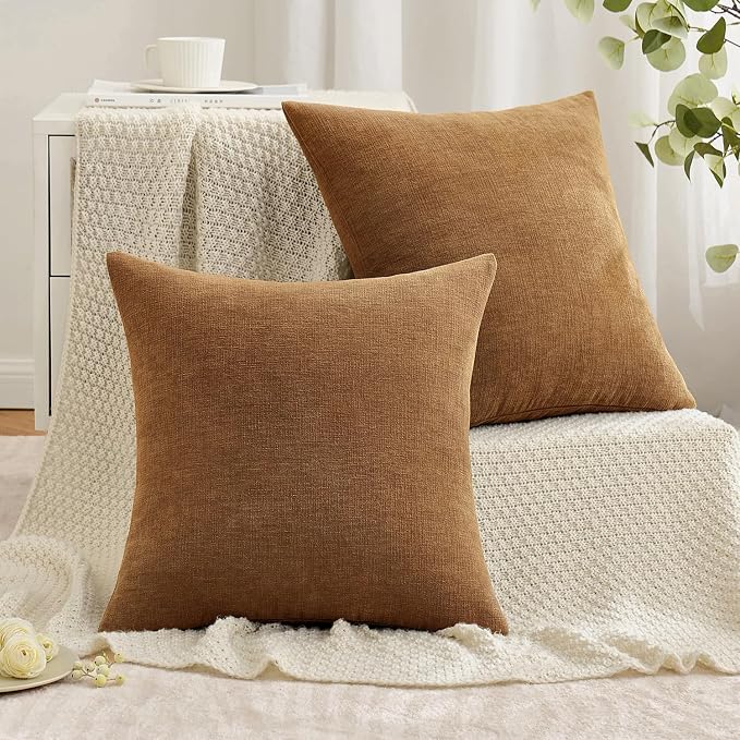 MIULEE Bronze Chenille Couch Throw Pillow Covers, 20x20 | Set of 2, Farmhouse Rustic Home Decor, Decorative Pillowcases for Sofa Living Room Bed