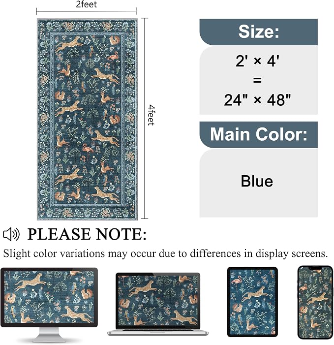 DUKINO 2x4 Rug for Entryway, Animal Washable Runner Rug for Kitchen, Blue | Non Slip, Low Pile, Stain Resistant Thin Indoor Carpet for Hallway, Bedroom, Bathroom, Laundry, Pet Friendly, Non-Shedding
