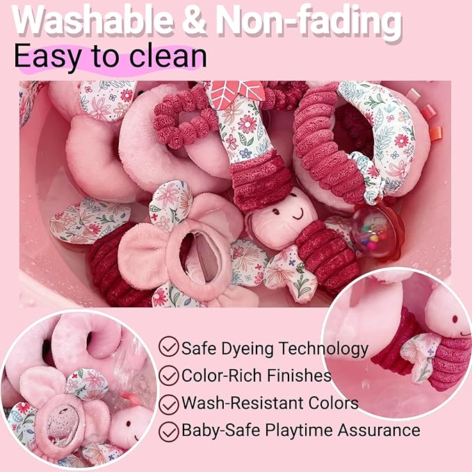 Baby Spiral Car Seat Toys for Babies 0-6 Months Girl, Stroller Hanging Stuffed Animal Carseat Mirror Crinkle Toy 0-3-6-7-12, Newborn Infant Valentines Gifts Easter Basket Stuffers Bunny 3PCS