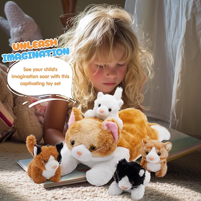 WEWILL 15'' Cat with Kittens Stuffed Animals, Mommy Plush Toy with 4 Baby Kittens, Cute Surprise for Imaginative Play, Cozy Magical Pillow Plushie for Girls, for Kids and Cat Lovers