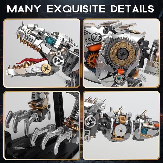 Mechanical Dinosaur Building Blocks Linkage Kit, Jurassic Animal Tyrannosaurus Rex Model with Lighting & Display Stand, STEM Toy DIY Desktop Ornament for Kids Ages 12+, Birthday Gift Idea
