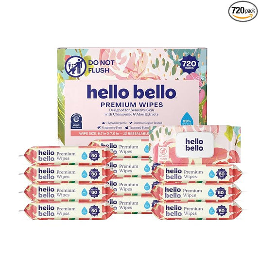 Hello Bello Premium Wipes, Designed for Sensitive Skin with Chamomile & Aloe Extracts, Rosy Posy (12 Resealable Packets = 720 Total Wipes)