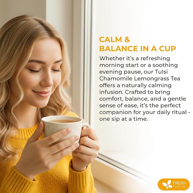 FreshDrinkUS, Premium 135 Tea Bags Tulsi Chamomile Lemongrass Herbal Tea | Blend with Holy Basil, Chamomile Flowers & Lemongrass Leaves – Naturally Caffeine-Free, Soothing Herbal Infusion. Vegan