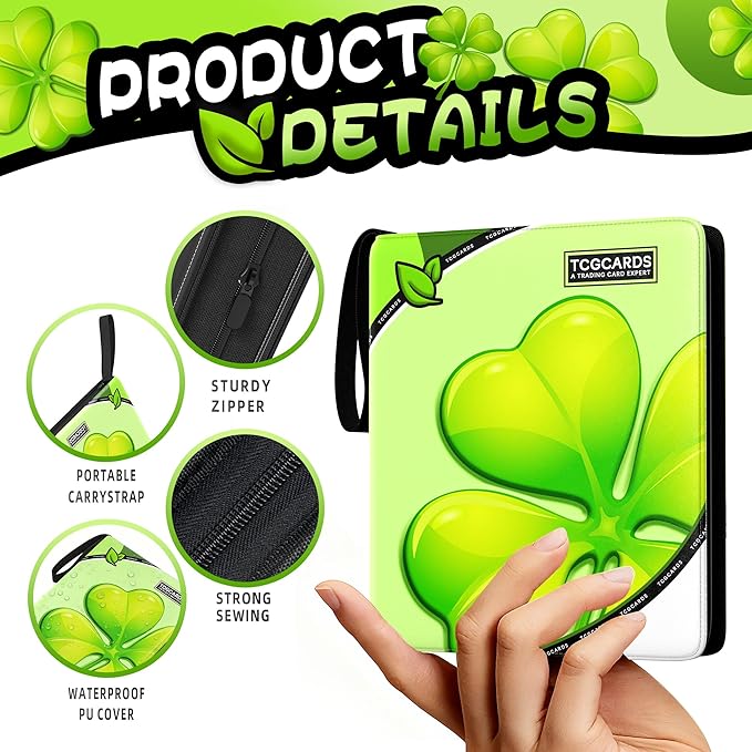 Trading Card Binder 4 Pocket,400 Pocket Card Collection Binder with 50 Removable Sleeves,PU Waterproof Top Card Book,3-Ring Zipper Collectible Trading Card Album for MTG/TCG/Card Holder Gift（(Leaf）