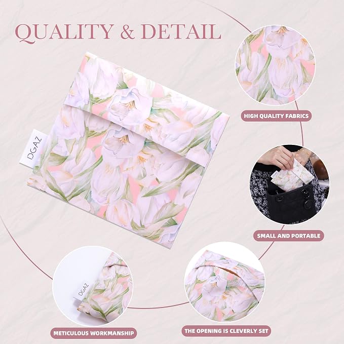 DGAZ Sanitary Napkin Storage Bag for Teen Girls, Portable Period Organizer for Panty Liners/Menstrual Cup/Small Tampons, Mini Makeup Pouch for Purse (French Tulips)
