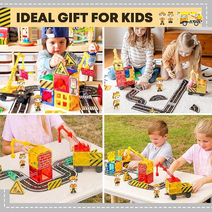 Kids Games Magnetic Tiles with 2 Cranes Construction Set Sensory Toys for Boys Girls Ages 3-6 5-7 8-13, Gifts for 3+ Year Old Boys Girls Toddler Outdoor Kids Toys with Car