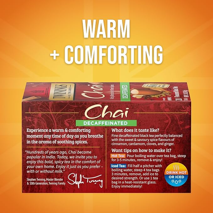 Twinings Decaffeinated Chai Individually Wrapped Bags, 20 Count (Pack of 6), Sweet, Savoury Spices, Enjoy Hot or Iced, 120 Teabags